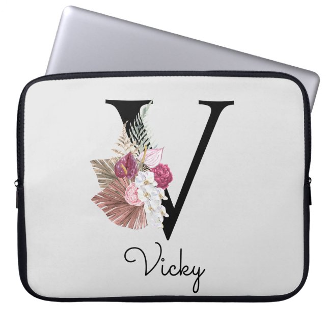 Capa Para Notebook Inicial Floral Boho Rosa Monograma V (Frente)