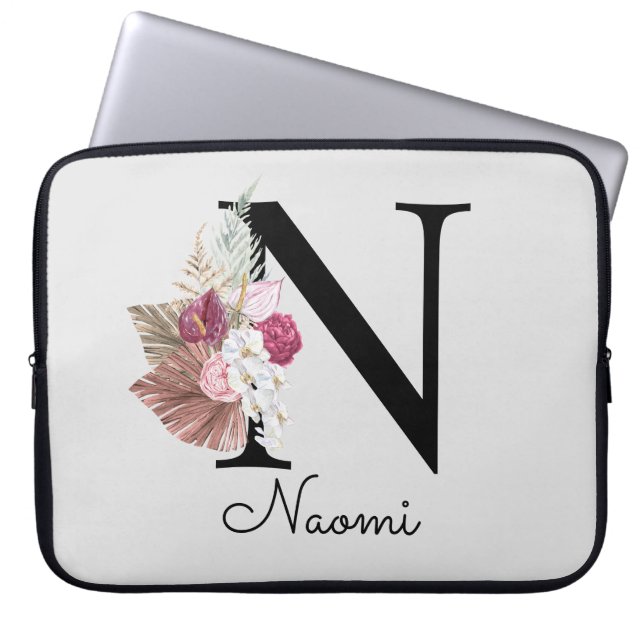 Capa Para Notebook Inicial Floral Rosa Boho Menina Monogramada N (Frente)