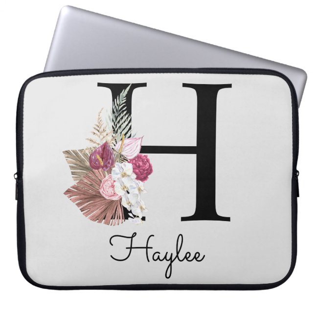 Capa Para Notebook Inicial H Monograma Rosa Floral Boho (Frente)