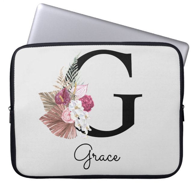 Capa Para Notebook Inicial Monogramada G Monograma Rosa Floral Boho (Frente)