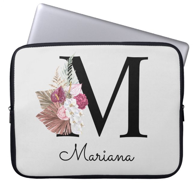 Capa Para Notebook Inicial Monogramada M Rosa Boho Floral (Frente)