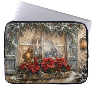 Capa Para Notebook Janela de Natal com Poinsettia Nevada
