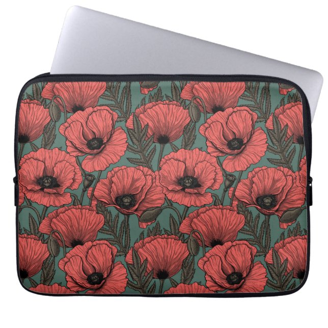 Capa Para Notebook Jardim com papoila, verde-marrom e pinheira (Frente)