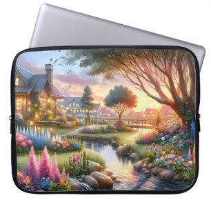 Capa Para Notebook Jardim de Casa de Campo Encantado ao Pôr do Sol