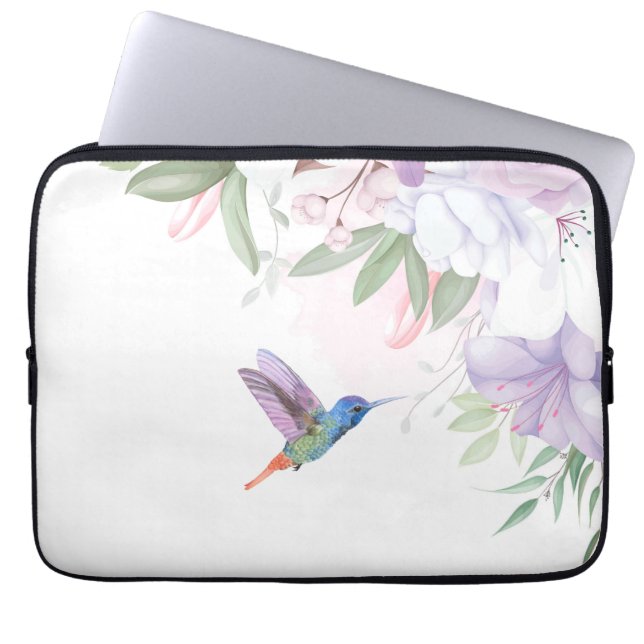 Capa Para Notebook Jardim de Flores em Aquarela Beija-flor Pássaro (Frente)