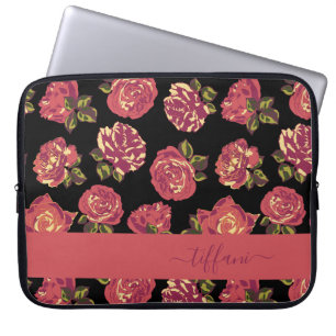 Capa Para Notebook Jardim de Rosas Coral Vintage Preto Nome Editável