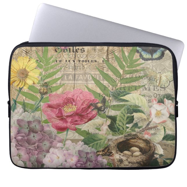 Capa Para Notebook Jardim Floral Ninho de Pássaro Arte Flor Borboleta (Frente)