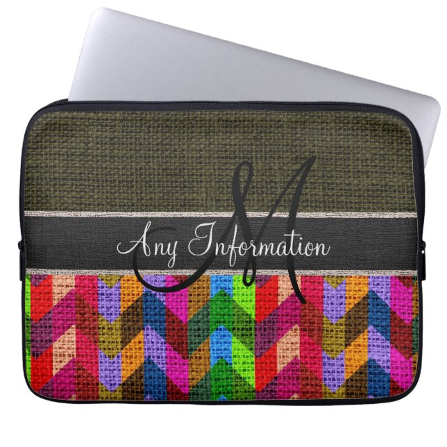 Capa Para Notebook Juta de burlap (Zigzag) verde-escura monograma (Frente)