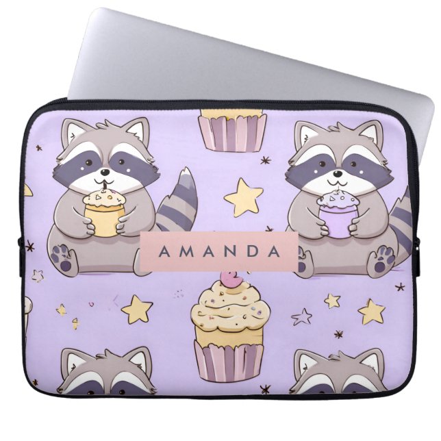 Capa Para Notebook Kawaii Raccoons Personalizados com Padrão de Cupca (Frente)
