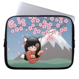 Capa Para Notebook Kitsune Kokeshi Doll - Rapariga Negra Fox Geisha
