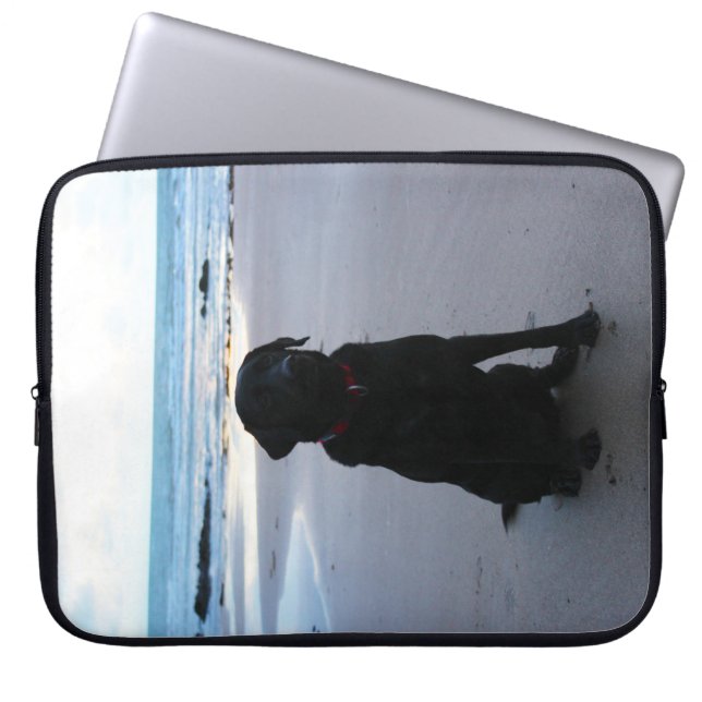Capa Para Notebook Labrador preto em uma praia (Frente)