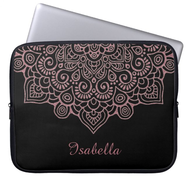 Capa Para Notebook Lace Mandala BLACK, Lace Negra, rosa de ouro Doura (Frente)