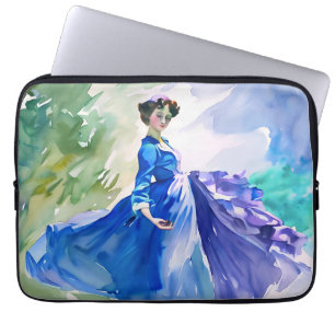 Capa Para Notebook Lady in Blue Vress - Pintura por Aquarela