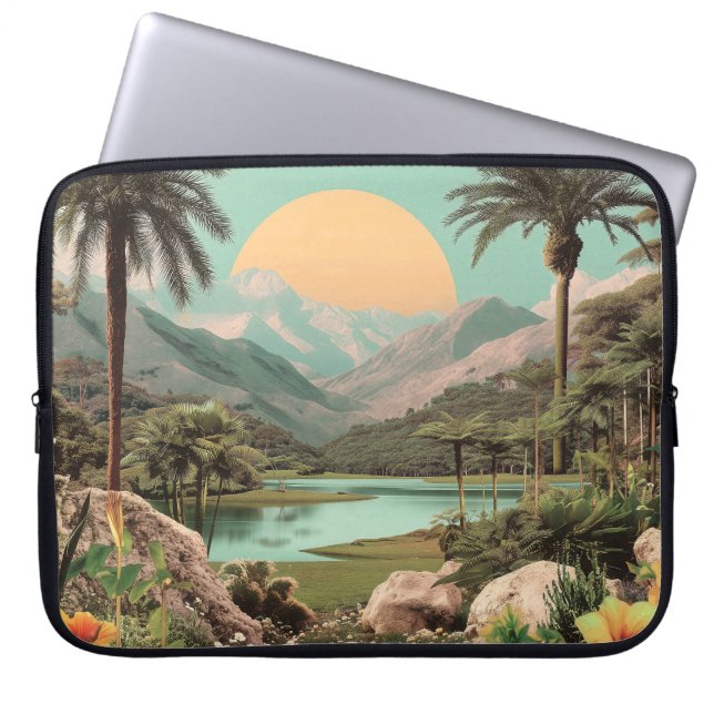 Capa Para Notebook Lago Tropical Surreal Com Palmeiras (Frente)