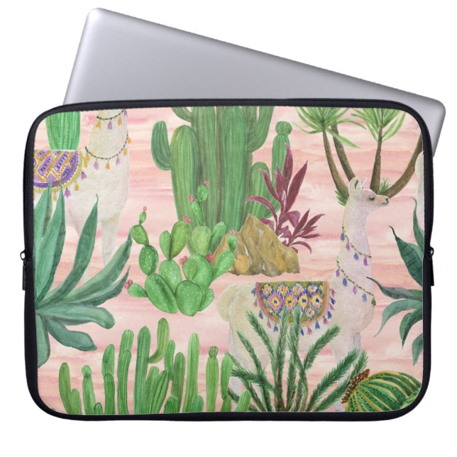 Capa Para Notebook Lamas de aquarelas e cactos. (Frente)
