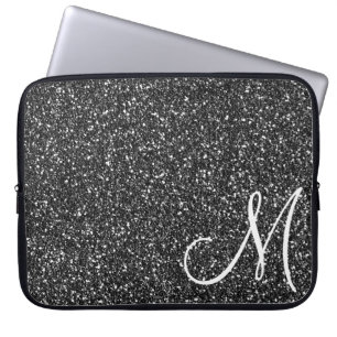 Capa Para Notebook Lantejoulas Pretas Monograma Chic Moderno