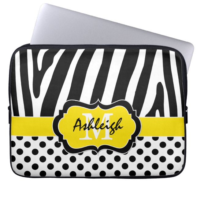 Capa Para Notebook Laptop Bolinhas de faixa de zebra preta amarela  (Frente)
