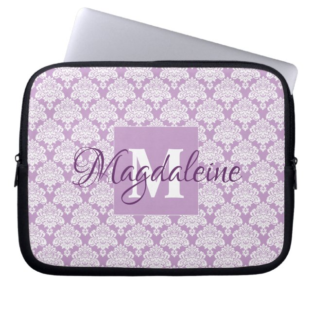 Capa Para Notebook Laptop do lavanda Damask com Monograma e Nome (Frente)