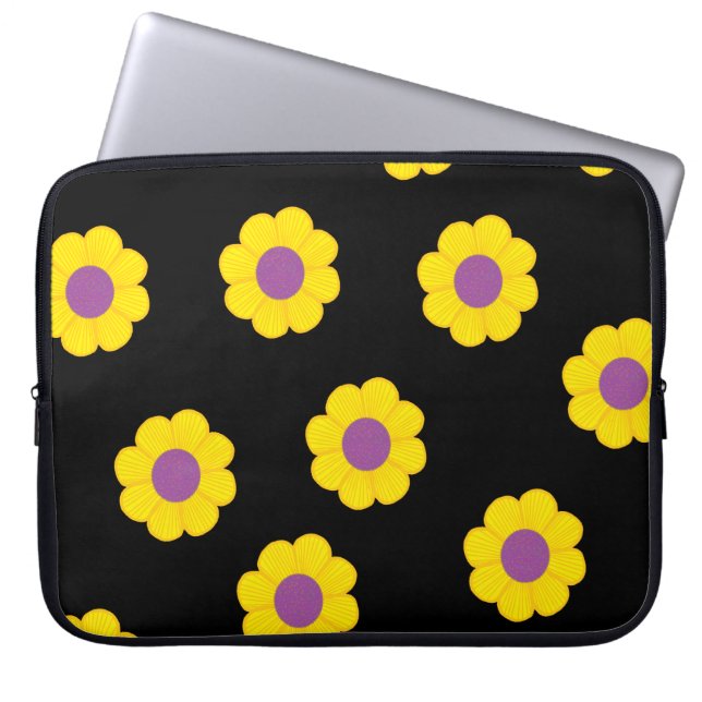 Capa Para Notebook Laptop Preto Com Padrão De Flores Amarelas (Frente)