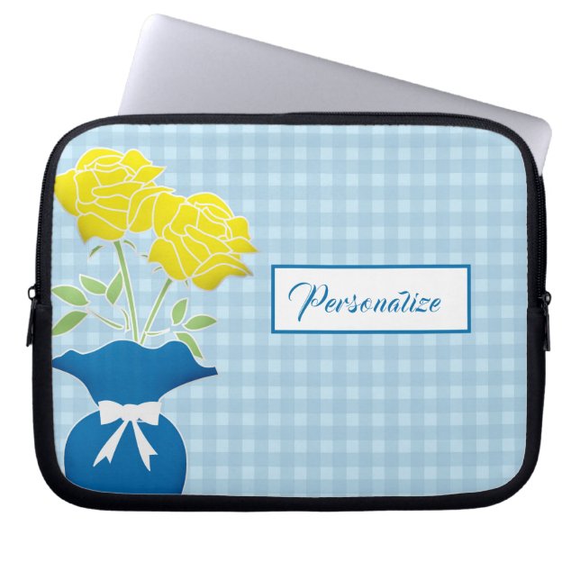 Capa Para Notebook Laptop Vase Gingham Azul de Rosas Amarelas (Frente)