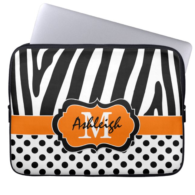 Capa Para Notebook Laranja Black Zebra Stripe Bolinhas Laptop (Frente)