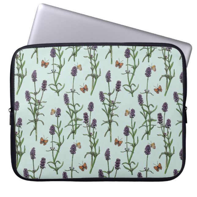 Capa Para Notebook Lavandas e borboletas no vidro marinho (Frente)