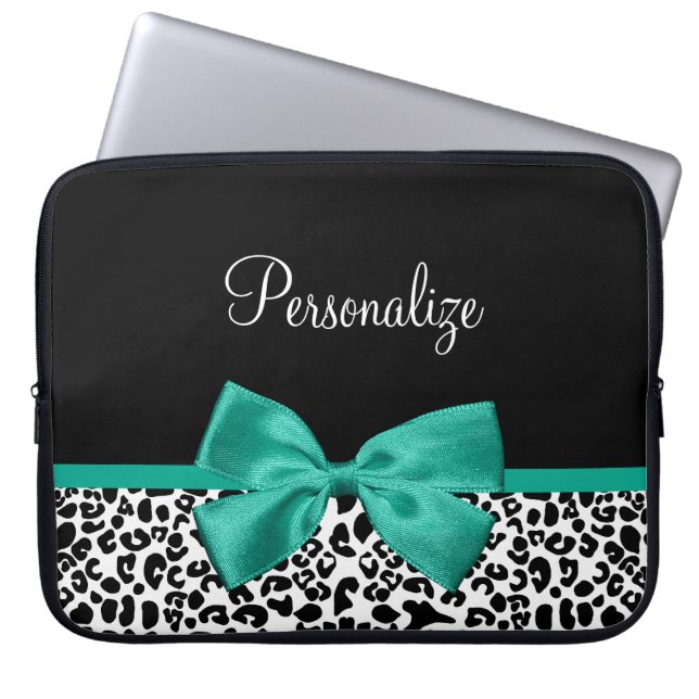 Capa Para Notebook Leopard Imprima Emerald Green Ribbon Arco Nome (Frente)
