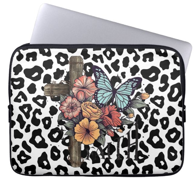 Capa Para Notebook Leopardo-das-neves Cruz, Flores e Borboletas (Frente)