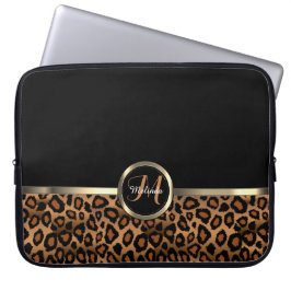 Capa Para Notebook Leopardo preto e marrom monograma com acentos Dour