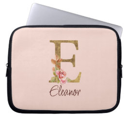 Capa Para Notebook Letra E Nome Personalizado Folha Dourada Rosa Bege