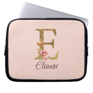 Capa Para Notebook Letra E Nome Personalizado Folha Dourada Rosa Bege
