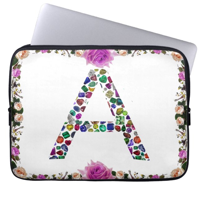 Capa Para Notebook Letra inicial A com gemstone Floral Monograma (Frente)