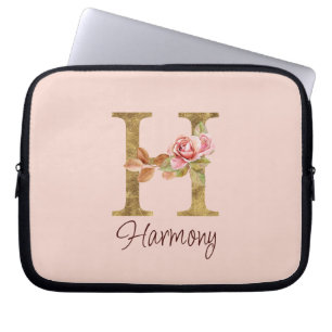 Capa Para Notebook Letra Personalizada H Folha Dourada Rosas Rosa Des