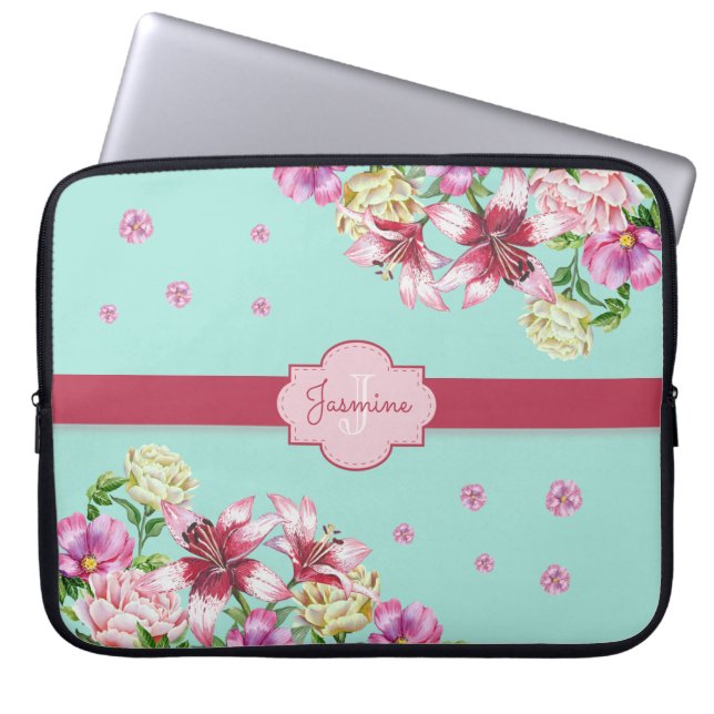Capa Para Notebook Lily & Peony Floral Aqua (Frente)