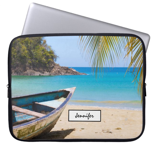 Capa Para Notebook Linda praia tropical com um barco a remo (Frente)