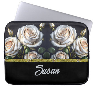 Capa Para Notebook Lindíssimas rosas brancas com detalhes dourados, e
