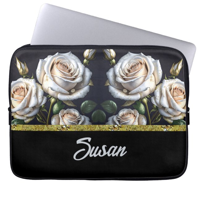 Capa Para Notebook Lindíssimas rosas brancas com detalhes dourados, e (Frente)