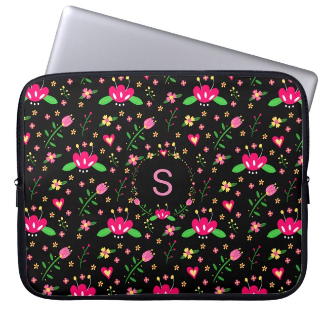 Capa Para Notebook Lindo Floral Rosa no Monograma Preto (Frente)