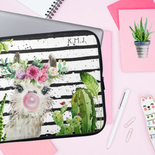 Capa Para Notebook Lindo Llama em Aquarela Cacto Floral e Listras