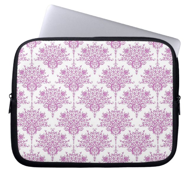 Capa Para Notebook Lindo padrão de damasco floral roxo sobre branco (Frente)