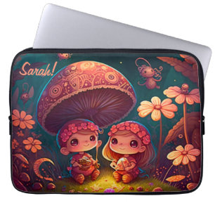 Capa Para Notebook Lindos elfos brincam sob cogumelos