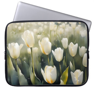 Capa Para Notebook Lindos tulipas brancas jardim pintura aquarela