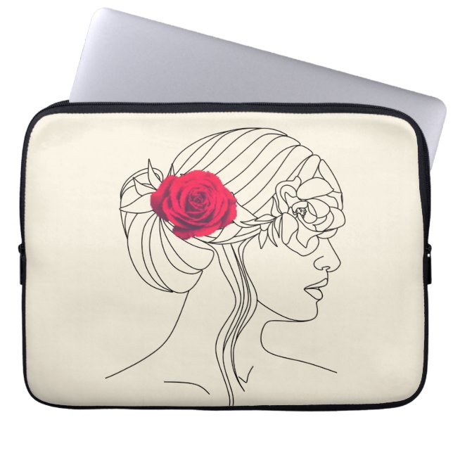 Capa Para Notebook Linha contínua de mulher com Rosa vermelha no cabe (Frente)