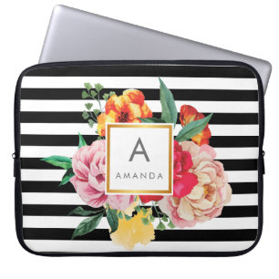 Capa Para Notebook Listras negras e brancas Flores de Peônias de Aqua