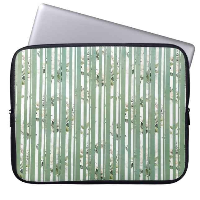 Capa Para Notebook Listras verdes claras e flores mudas (Frente)