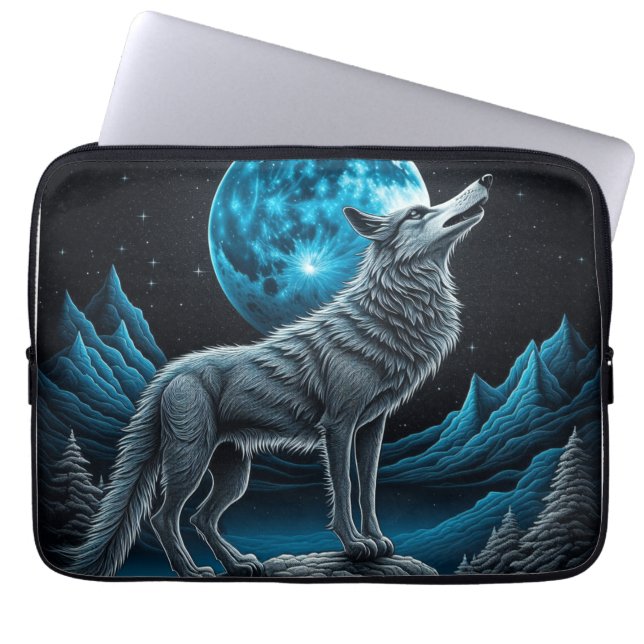 Capa Para Notebook Lobo em frente à lua cheia | arte AI (Frente)