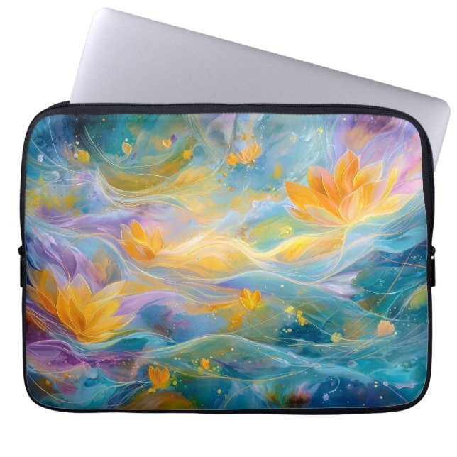 Capa Para Notebook Lótus Dourado Abstrato Flores Flutuantes (Frente)