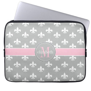 Capa Para Notebook Lt Cinza Cor-de-rosa Branca Fleur de Lis Monograma