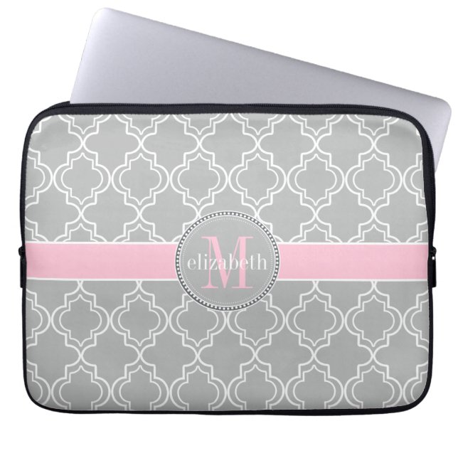 Capa Para Notebook Lt Cinza Pink White Quatrefoil Monograma (Frente)