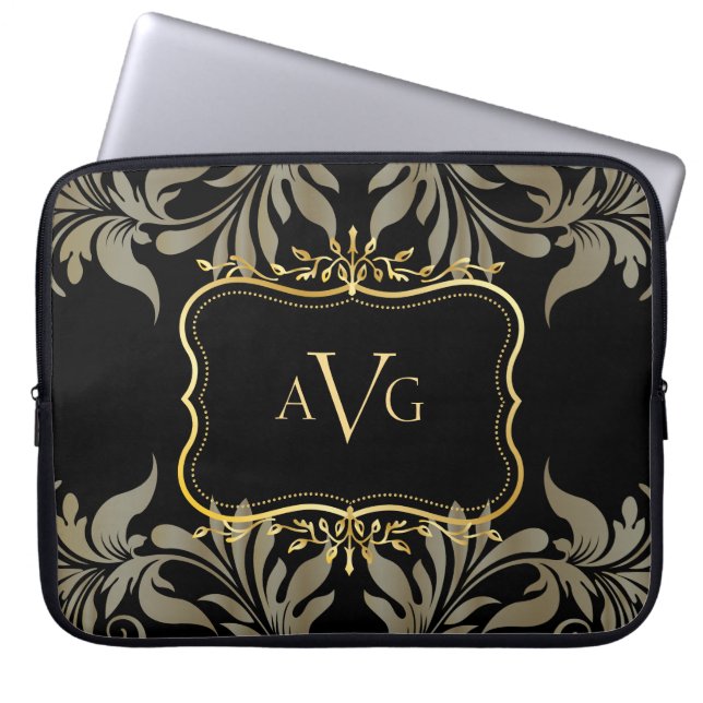 Capa Para Notebook Luxo Black Damask com moldura dourada (Frente)